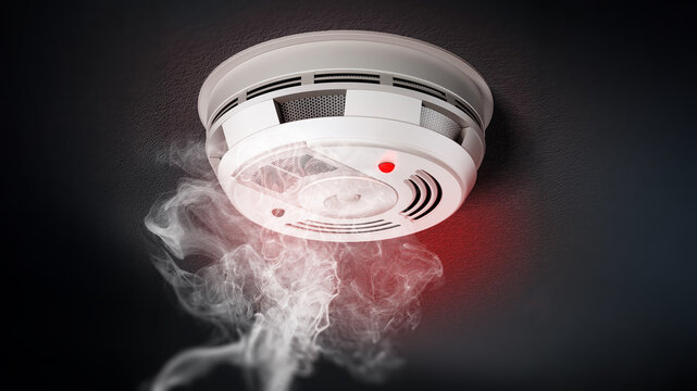 Smoke Detector with red warning light sensing smoke. 3D illustration