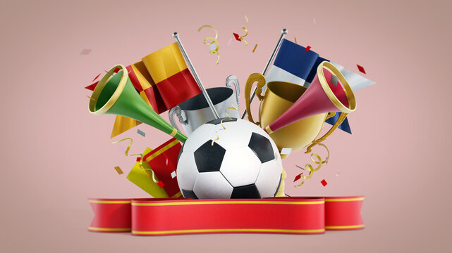 Soccer ball, flags, red ribbon and trumpets. 3D illustration