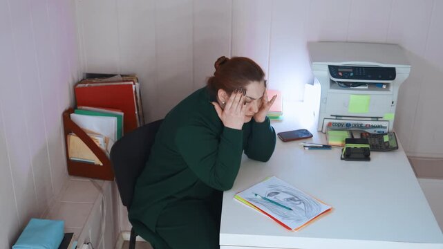 Woman in learning environment displays exhaustion and preparation tension. Female educator seated at desk demonstrating fatigue with educational tools and planning challenges evident
