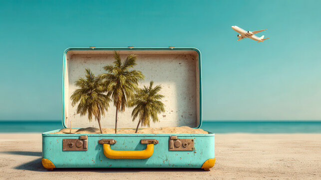 Suitcase holds palm trees on a beach under an airplane flying in the sky above