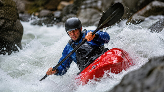 A kayaker paddles a red kayak through turbulent whitewater rapids wearing a helmet, life jacket and waterproof jacket