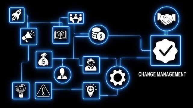 Change management concept with glowing digital network and business process workflow infographic business transformation