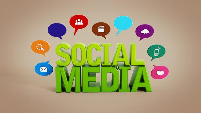 Social media text and icons on speech balloons isolated on warm background. 3D illustration