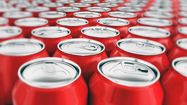 Stack of arranged red soda cans put together. 3D illustration