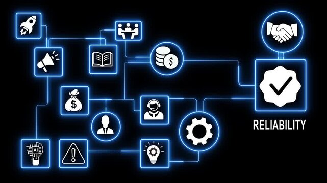 Business reliability concept with glowing neon infographic and network connections trust