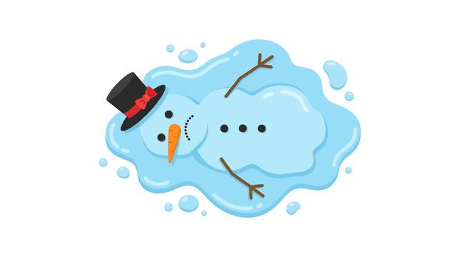 Melting snowman vector illustration wearing a small black top hat isolated on clean white background