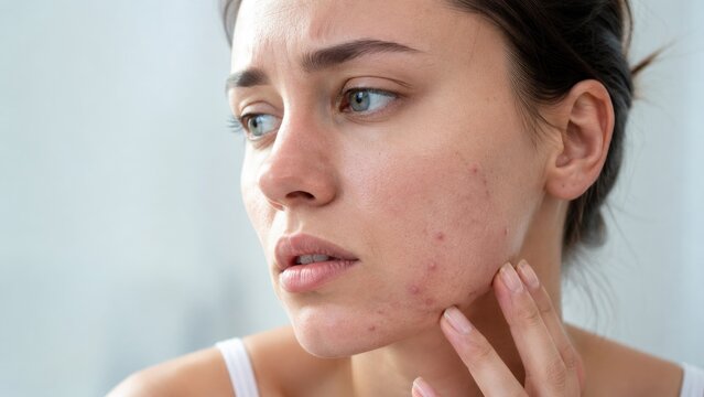 Young woman examining acne and blemishes on her cheek, close-up portrait showing skin irritation and concerned expression