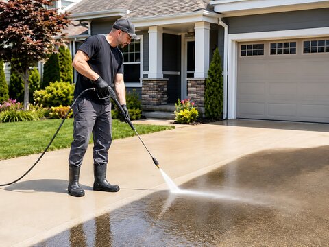 Professional worker pressure washing driveway, cleaning concrete surface with water jet, home maintenance labor, man in black clothes spraying vehicle entrance