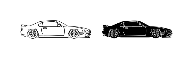 Naklejka premium Sporty Coupe Car Vector Icons, Black and White Outline Silhouettes for Automotive Design