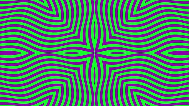 Abstract green and purple hypnotic wavy lines pattern. Perfect for psychedelic designs, retro optical illusions, and creative videos.
