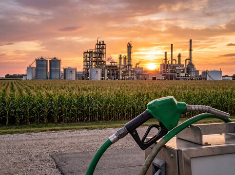 Green fuel pump nozzle with industrial oil refinery factory in the background during a warm sunset