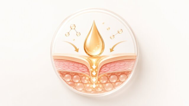 Cross section illustration of a golden serum droplet penetrating skin layers, showing absorption, hydration and plumping effect with molecular icons