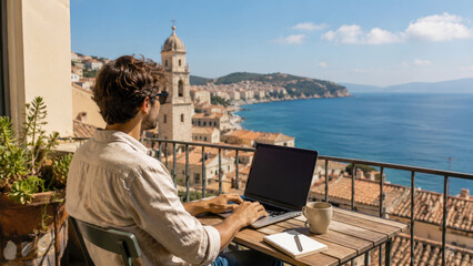 Fototapeta premium Man working on a laptop at a sunny balcony terrace overlooking a Mediterranean seaside town and blue ocean, with coffee and a notebook on the table
