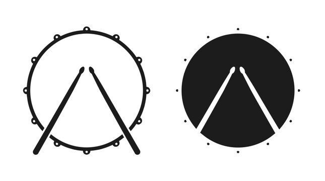 Minimalist vector illustration featuring simple black drum silhouettes with crossed drumsticks for modern musical logo design