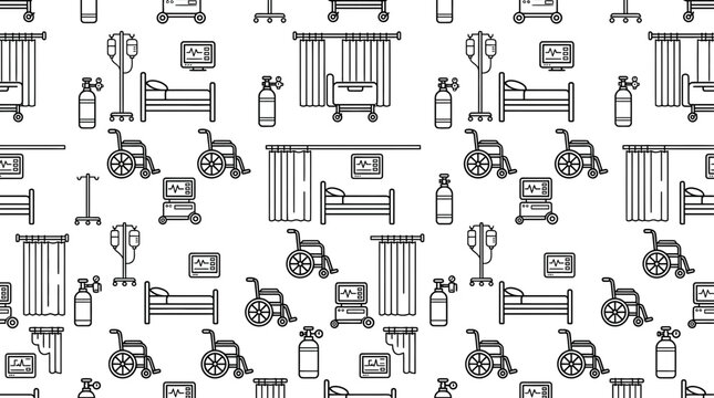 Medical equipment and hospital furniture line art seamless pattern