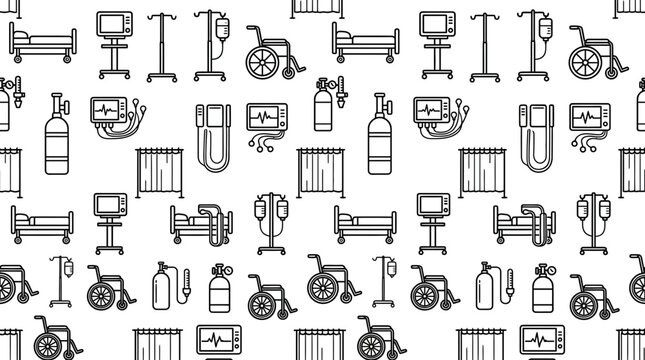 Seamless pattern of medical equipment and hospital furniture line icons