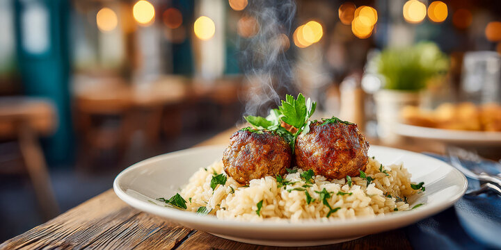 Hearty meatballs served over a bed of rice in a casual dining setting during dinner time