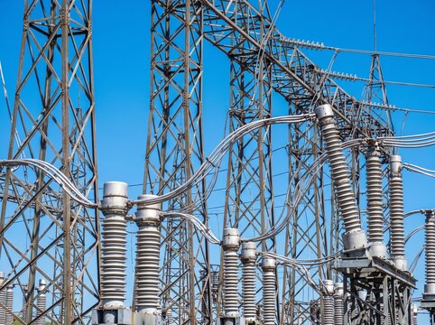 High voltage electrical power substation with metal towers and insulators against a clear blue sky