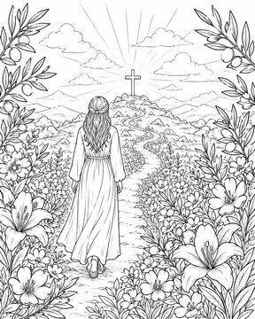 Christliches Ausmalbild f&uuml;r Erwachsene mit Frau auf einem Blumenweg zum Kreuz