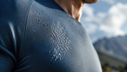 Fototapeta premium Close-up of an athletic torso in a blue textured shirt with sweat droplets, outdoors with blurred mountain background