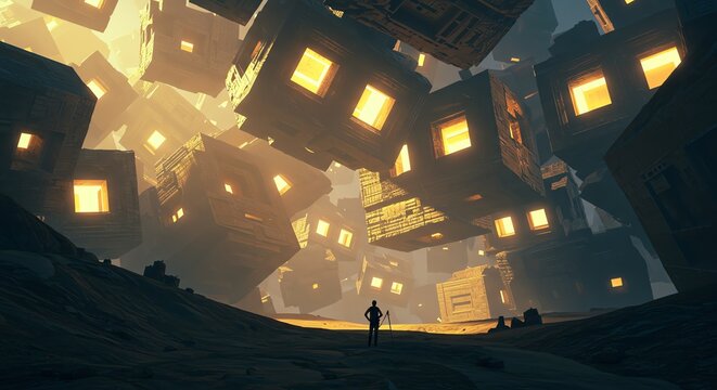 Person standing before floating glowing cubes