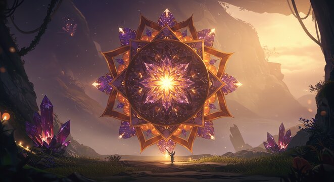 Person standing before glowing crystal mandala in landscape
