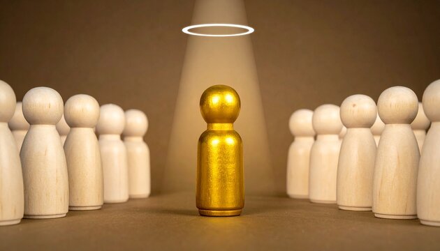 Golden Wooden Peg Figure Under Light Halo Spotlight Standing Between Rows of Wooden Figures Symbolizing Exceptional Leadership, Outstanding Talent, VIP Recognition, and Business Success