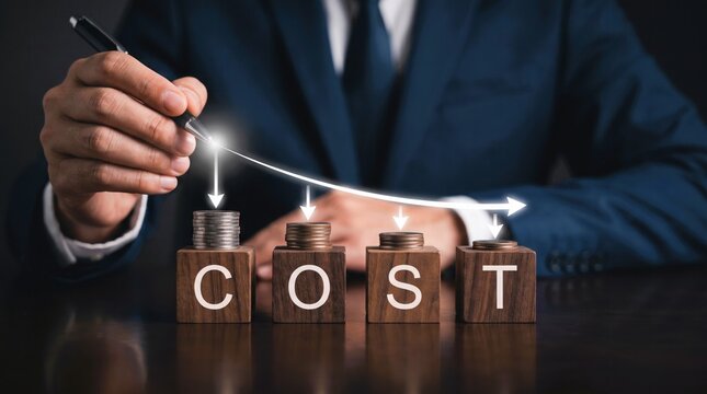 Professional businessman uses a black pen to illustrate a downward trend line over wooden blocks representing business expense cost reduction