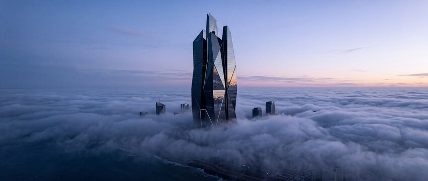 Modern architectural skyscraper building with a unique geometric design emerges from a dense cloud inversion at sunrise or sunset