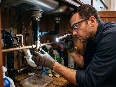 Professional plumber wearing safety glasses soldering copper pipes under a kitchen sink to fix a leak in a residential home