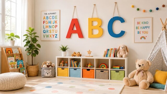 Bright children's playroom with large colorful ABC letters, cubby toy storage, plush animals, books, rainbow accents and a cozy teepee