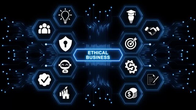Ethical business technology icons network with balance shield trust icon system illustrating corporate responsibility integrity compliance with neon toolbox any item use for animation.