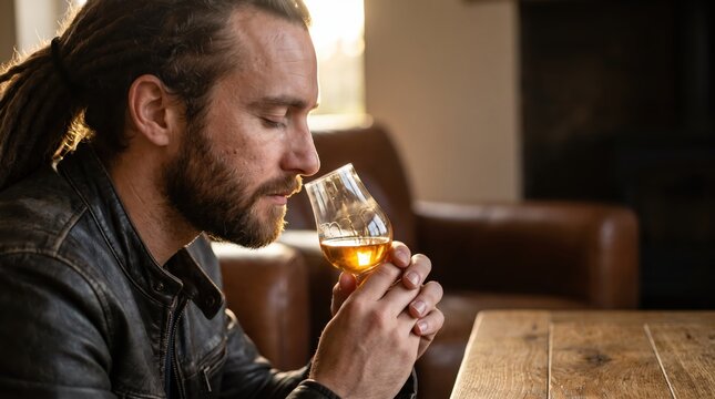 Moody whiskey tasting with a contemplative man indoors