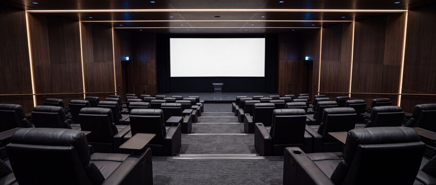 State of art private cinema theater featuring tiered rows of black leather reclining seats and large projection screen in dark room.