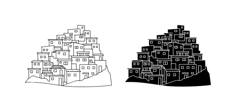 Slum Village Vector Art, Dense Urban Housing, Informal Settlement Silhouette, Cityscape Illustration