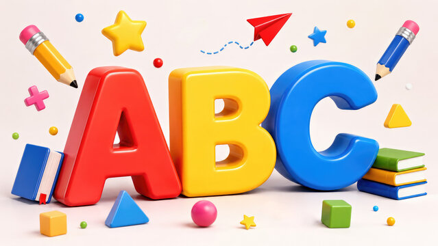 Bright 3D ABC letters with pencils, books, shapes and playful learning elements for kids