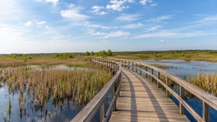 Obraz premium Curved wooden boardwalk crossing sunlit marsh wetlands under a blue sky with scattered clouds