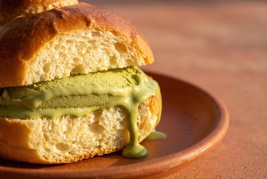 Matcha ice cream bun on rustic plate with melting green tea filling