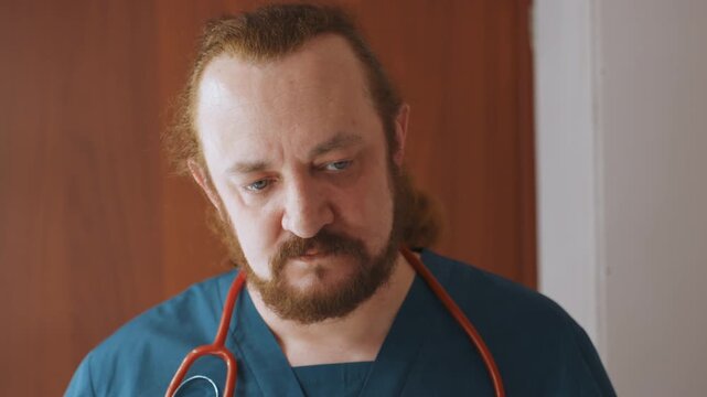 Home paramedic putting on mask, stethoscope visible white male adjusts ear loops and nose clip with careful movements, wooden door backdrop and warm interior light, quiet tension before house visit,