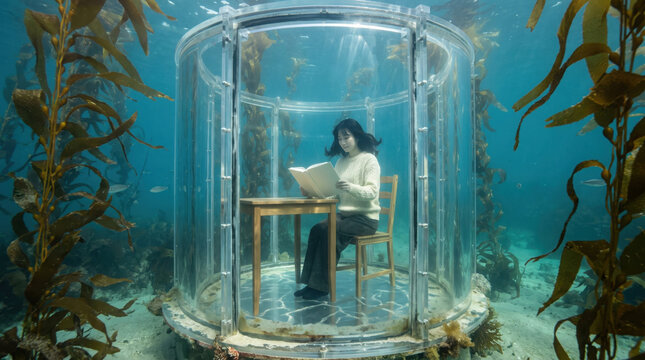 Woman Reading a Book Inside a Transparent Underwater Enclosure Surrounded by Kelp Forest