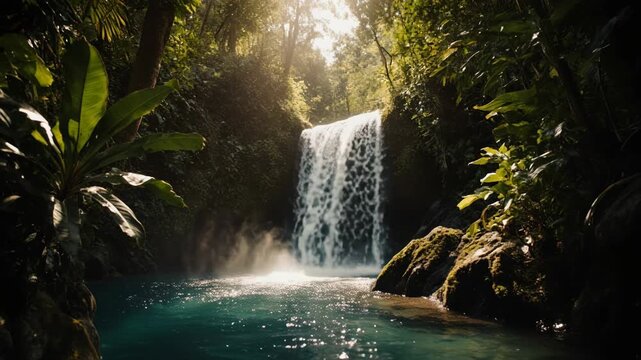 Hidden tropical cascade: turquoise lagoon, lush foliage, misty spray, rapid stream, sunlit jungle, wilderness retreat.