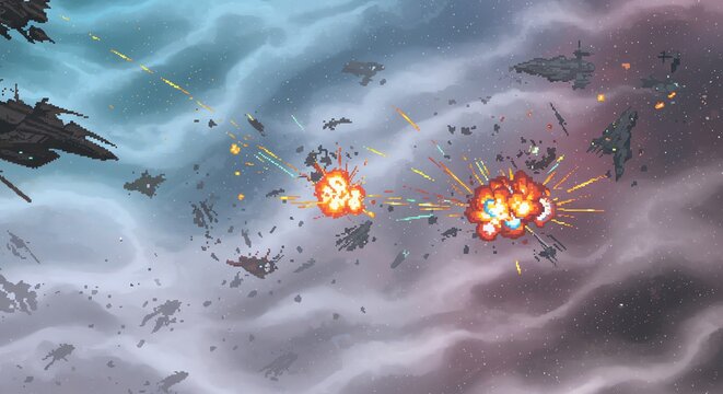 Space battle with exploding ships in cosmic nebula
