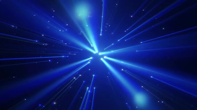 Dynamic blue light rays emerging from dark central point creating vibrant abstract motion graphic.