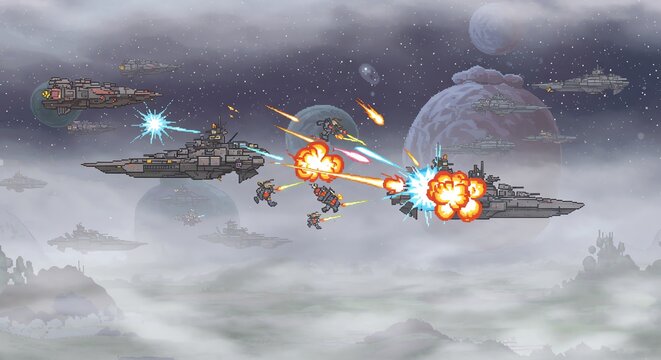 Space battle with futuristic ships and planets