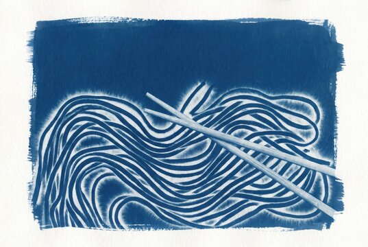 Cyanotype abstract blue wavy lines with crossing sticks on paper