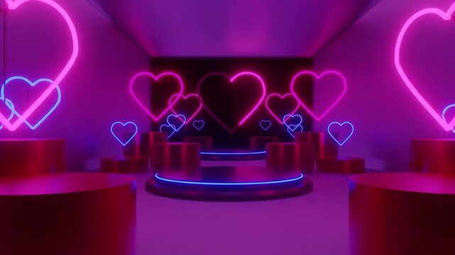 Neon heart stage features glowing pink and blue lights with red pedestals for romantic showcase.