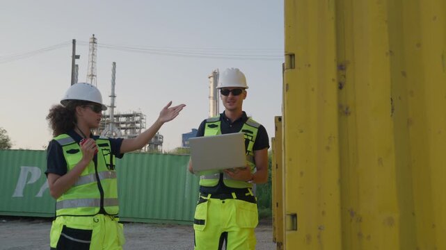 Industrial worker and woman engineer safety helmet and safety vest inspect industrial container construction site using laptop and safety equipment while discussing project plans beside shipping