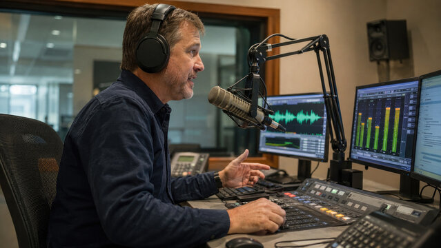 Radio host speaking into a microphone in a professional broadcast studio with mixing console, headphones and waveform monitors