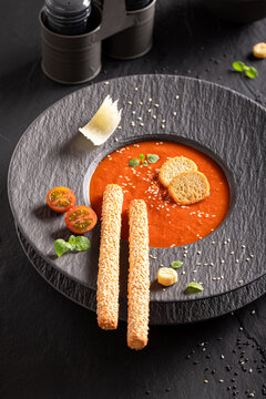 Professional and healthy tomato soup in exclusive restaurant.