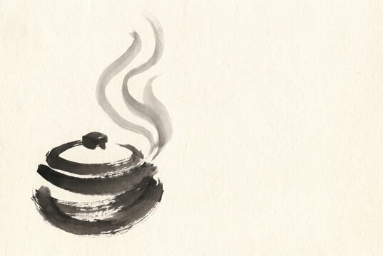 Steaming soup pot in minimal ink wash style